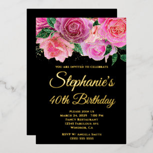 Invitation En Aluminium Rose noir rose chaleureux paillettes dorées 40e an