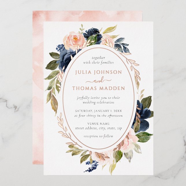Invitation En Aluminium Rose or Aquarelle Blush Marine Floral Mariage (Recto/Verso)