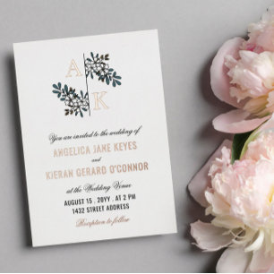 Invitation En Aluminium Rose Or Blanc Floral Monogramme Mariage Foil Invit