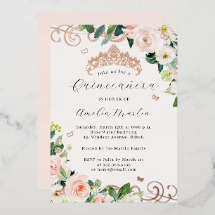Invitation En Aluminium Rose Or Blush Floral Swirl Quinceanera