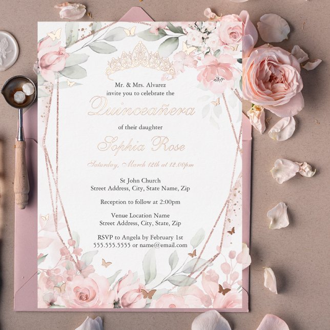 Invitation En Aluminium Rose Or Blush rose Floral Butterfly Quinceanera (Créateur téléchargé)