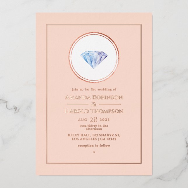 Invitation En Aluminium Rose or et rose vif Mariage diamant Foil Invi (Recto)