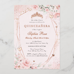 Invitation En Aluminium Rose Or Floral Blush Papillon rose Quinceanera