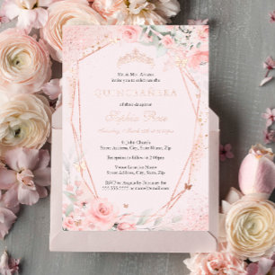 Invitation En Aluminium Rose Or Floral Blush Papillon rose Quinceanera
