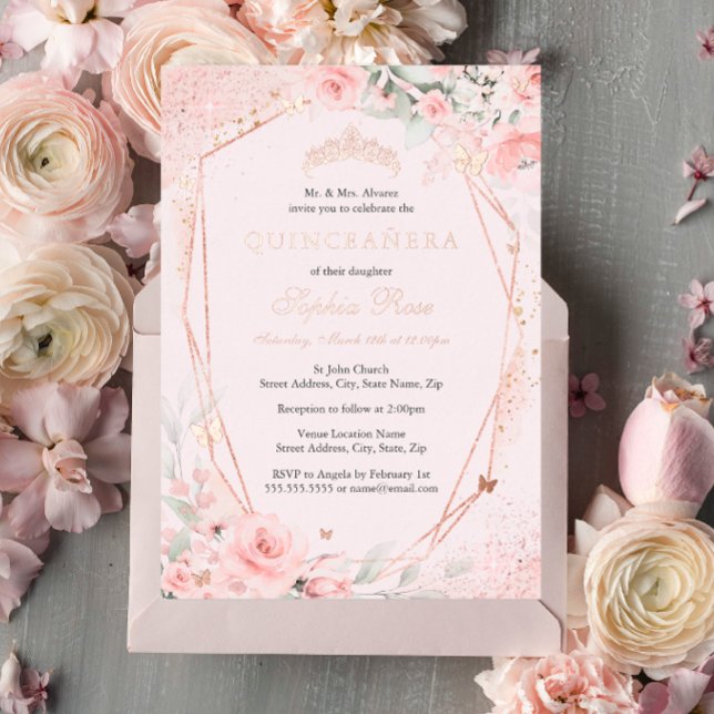 Invitation En Aluminium Rose Or Floral Blush Papillon rose Quinceanera (Créateur téléchargé)