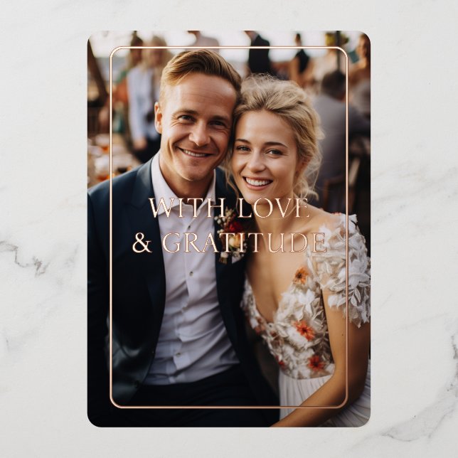 Invitation En Aluminium Rose-Or, Foil, Mariage, 1 Photo "Merci" (Recto)