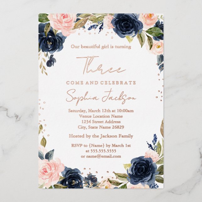 Invitation En Aluminium ROSE OR FOIL Navy Blush 3ème Fille Anniversaire (Recto)
