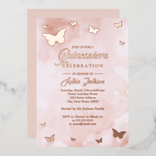 Invitation En Aluminium ROSE OR FOIL Papillon rose Quinceanera
