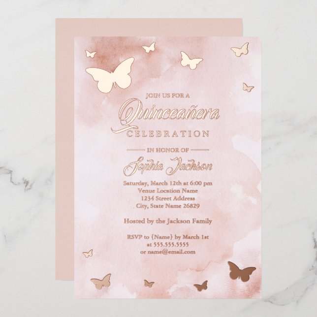 Invitation En Aluminium ROSE OR FOIL Papillon rose Quinceanera (Recto/Verso)