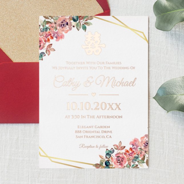 Invitation En Aluminium Rose or géométrique couronnes florales mariage chi (Créateur téléchargé)