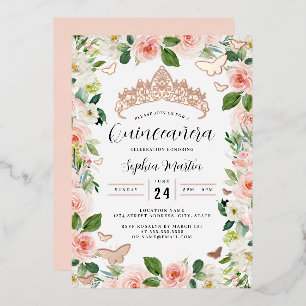 Invitation En Aluminium Rose Or rose Floral Tiara Butterfly Quinceanera