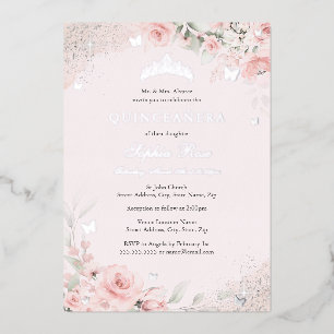 Invitation En Aluminium Rose Pâle Blush Papillon Argent Quinceanera