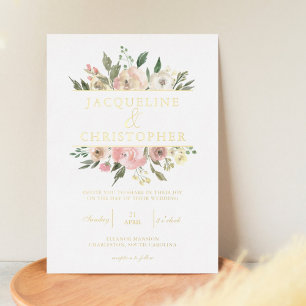 Invitation En Aluminium Rose Pâle Élégant Fleurs de Paon Mariage Or