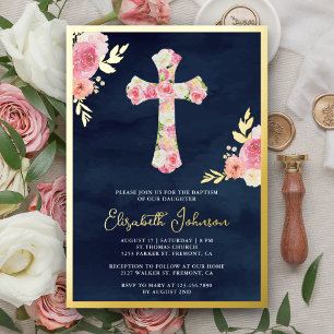 Invitation En Aluminium Rose Pâle Floral Bleu Marine Baptême Dorure à la F