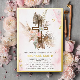 Invitation En Aluminium Rose Pâle Floral Boho Pampas Croix en Bois Baptême