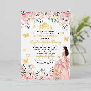 Invitation En Aluminium Rose Pâle Floral Papillon Quinceanera Or