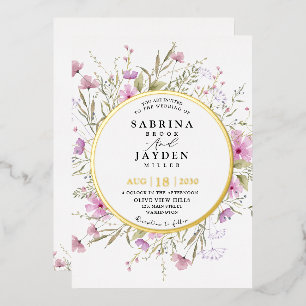 Invitation En Aluminium Rose Pâle Pastel Fleurs Sauvages Mariage Or