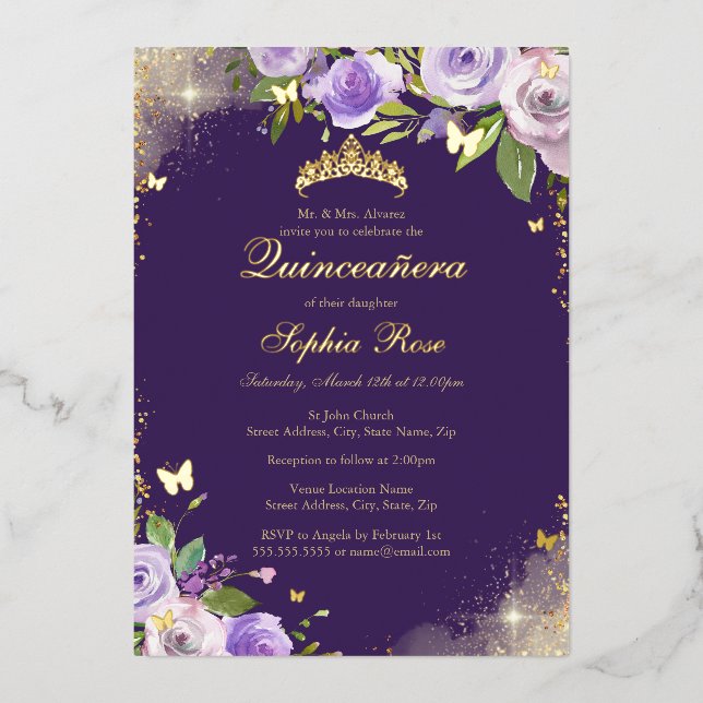 Invitation En Aluminium Rose Purple Gold Butterfly Floral Quinceanera (Recto)