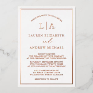 Invitation En Aluminium Rose romantique Gold Foil Monogramme Mariage front