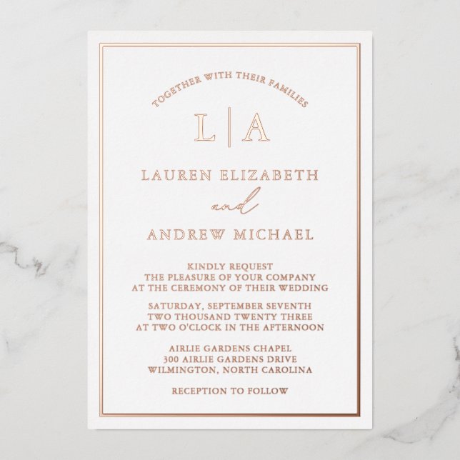 Invitation En Aluminium Rose romantique Gold Foil Monogramme Mariage front (Recto)
