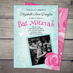 Invitation En Aluminium Rose rose, bleu aqua, charmes argentés Bat Mitzvah