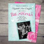 Invitation En Aluminium Rose rose, Bleu d'Aqua, Bat mitzvah Charms d'Argen<br><div class="desc">Déplacez-vous et redimensionnez l'adorable feuille d'argent dans cette invitation bat mitzvah. Papillons, libellules et coeurs entourent votre photo sur ce modèle bat mitzvah facile à utiliser. Les roses roses donnent vintage farine de jardin aux textures turquoise attrayantes d'aquarelle. Parfait pour aqua, bleu, aquamarine, cyan anniversaire palette de couleurs. Modifiez les...</div>