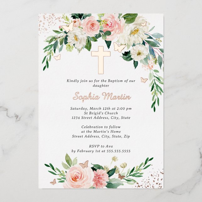 Invitation En Aluminium Rose rose Blush Gold Cross Wreath Girl Baptême (Recto)