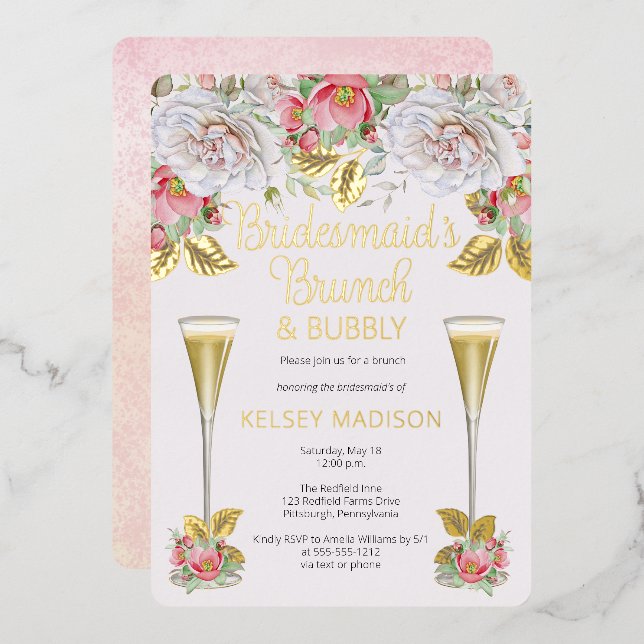 Invitation En Aluminium Rose Rose Floral Bridesmaitres Brunch et Bubbly (Recto/Verso)