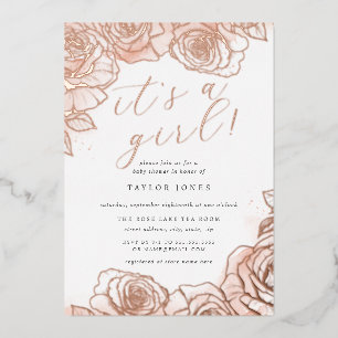 Invitation En Aluminium Rose rose Floral Or C'est un Baby shower fille