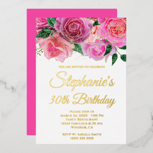 Invitation En Aluminium Rose rose fuchsia pailleté or 30e anniversaire