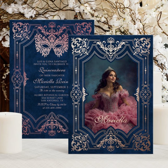 Invitation En Aluminium Rose Rose Gold Masquerade Photo Quinceanera (Créateur téléchargé)