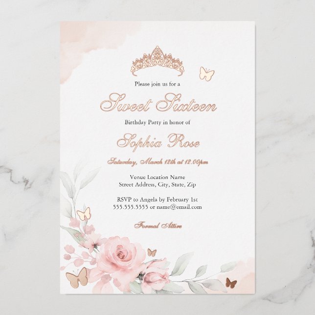 Invitation En Aluminium Rose rose papillon Sweet sixteen (Recto)