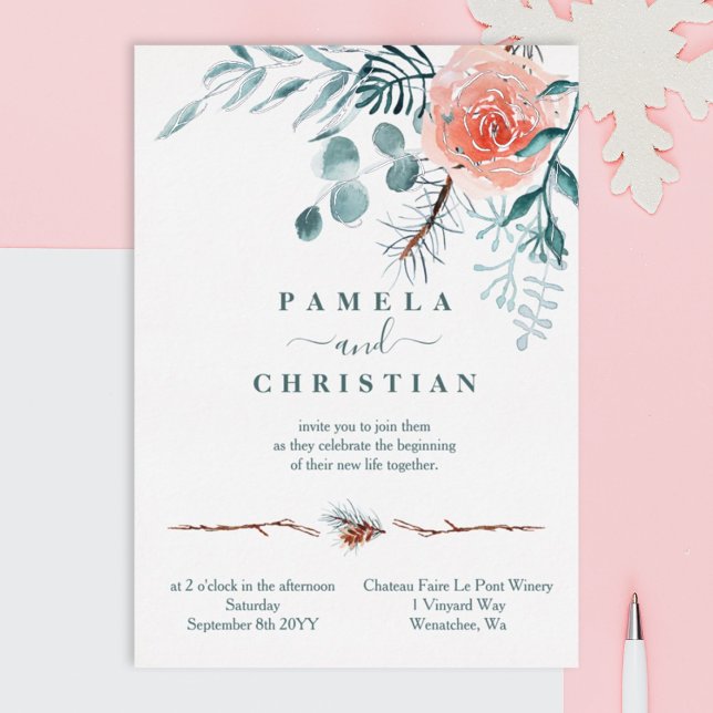 Invitation En Aluminium Rose rose, vert clair Feuille d'hiver Mariage (eucalyptus green watercolor winter pink rose pinecones silver foil wedding invitations)
