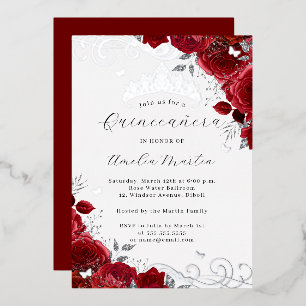 Invitation En Aluminium Rose Rouge Argent Floral Swirl Quinceanera