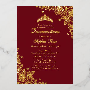 Invitation En Aluminium Rose rouge en feuille d'or pour Quinceanera Annive