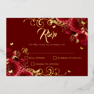 Invitation En Aluminium Rose rouge Floral Or Tourbillon Or Quinceanera