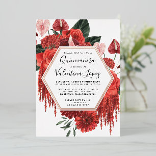 Invitation En Aluminium Rose rouge Floral Quinceanera Glam Or