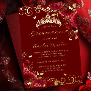 Invitation En Aluminium Rose rouge florale or tourbillon Quinceanera