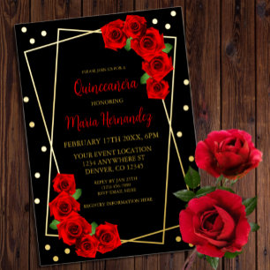 Invitation En Aluminium Rose rouge Noir et or Quinceañera