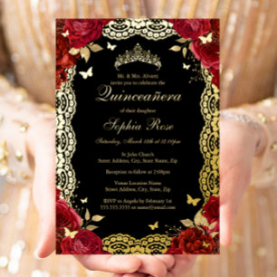 Invitation En Aluminium Rose Rouge Noir Orné Quinceanera Anniversaire