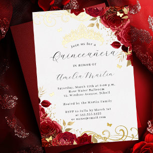 Invitation En Aluminium Rose rouge or florale Quinceanera