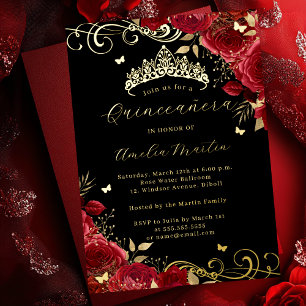 Invitation En Aluminium Rose Rouge Or Noir Tourbillon Floral Quinceanera