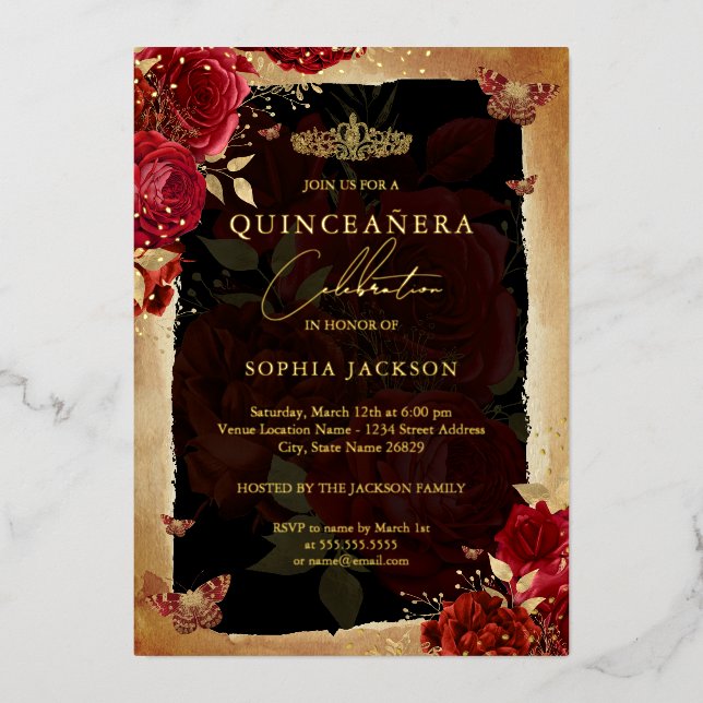 Invitation En Aluminium Rose rouge or papillon floral Tiara Quinceanera (Recto)