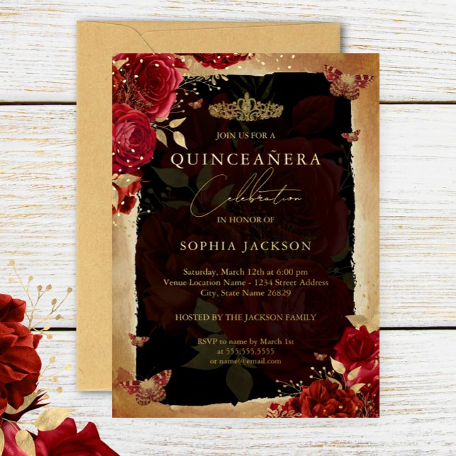 Invitation En Aluminium Rose rouge or papillon floral Tiara Quinceanera (Créateur téléchargé)