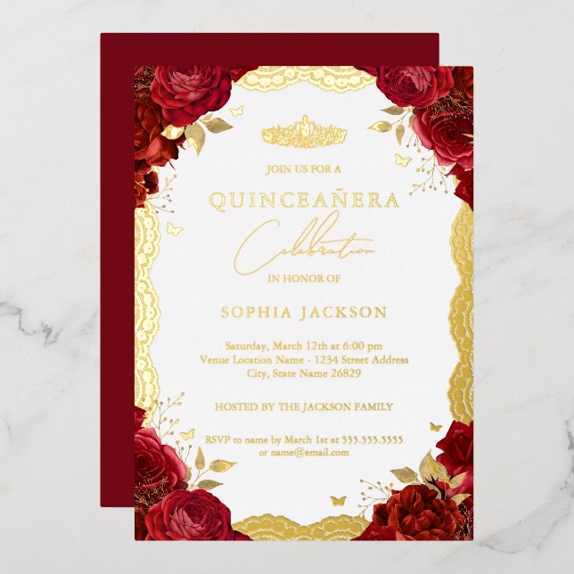 Invitation En Aluminium Rose rouge Quinceanera Or dentelle Anniversaire (Recto/Verso)
