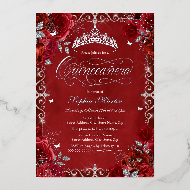 Invitation En Aluminium Rose Royal Red Silver Butterfly Quinceanera (Recto)