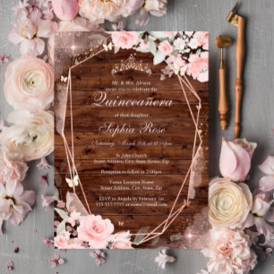 Invitation En Aluminium Rose Rustique Papillon rose or Floral Quinceanera