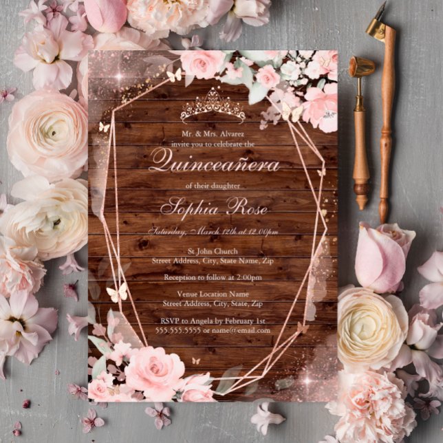 Invitation En Aluminium Rose Rustique Papillon rose or Floral Quinceanera (Créateur téléchargé)