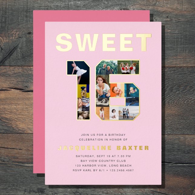 Invitation En Aluminium Rose Sweet 16 Anniversaire Photo Gold (Créateur téléchargé)
