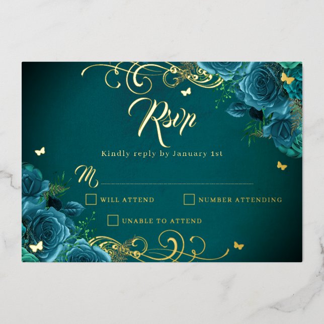 Invitation En Aluminium Rose turquoise Floral Gold Swirl Quinceanera (Recto)
